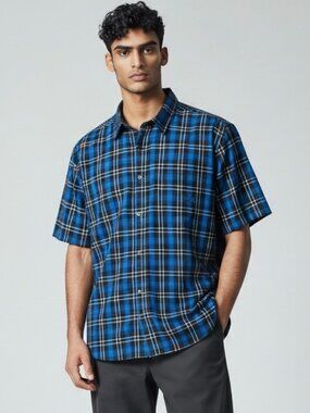 Yago Blue & Black Plaid Men's Shirt Size 3XL Button Up Short Sleeve‎